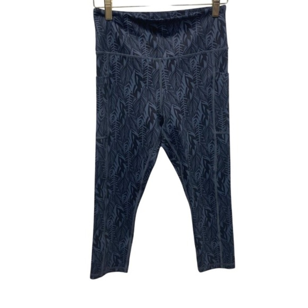 Zyia Navy Blue Tropical Leaf Print High Waisted Pocket Crop‎ Leggings Womens